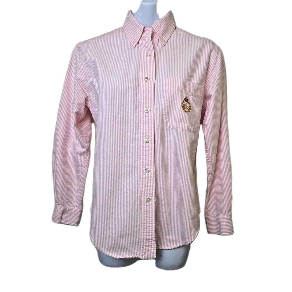 VTG 90's Ralph Lauren‎ Oxford Pink Striped Shirt Button Down Monogram Crest 6P